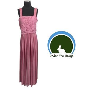 70s 80s Rose Pink Lace Pleated Formal Dress Gown Medium vintage prom party J1